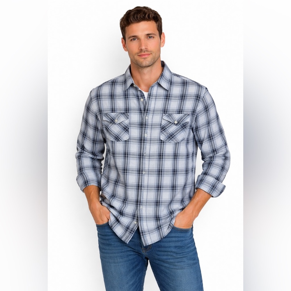Duluth Trading Co. Blue and White Plaid Button-Up Shirt, men’s 2XL tall